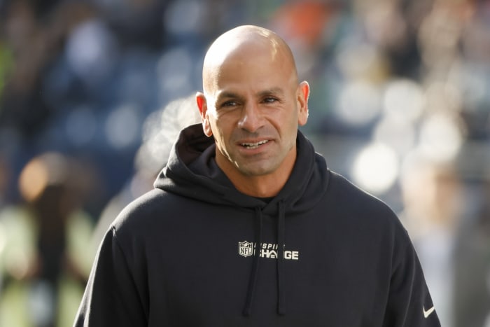 New York Jets head coach Robert Saleh smiles on sideline